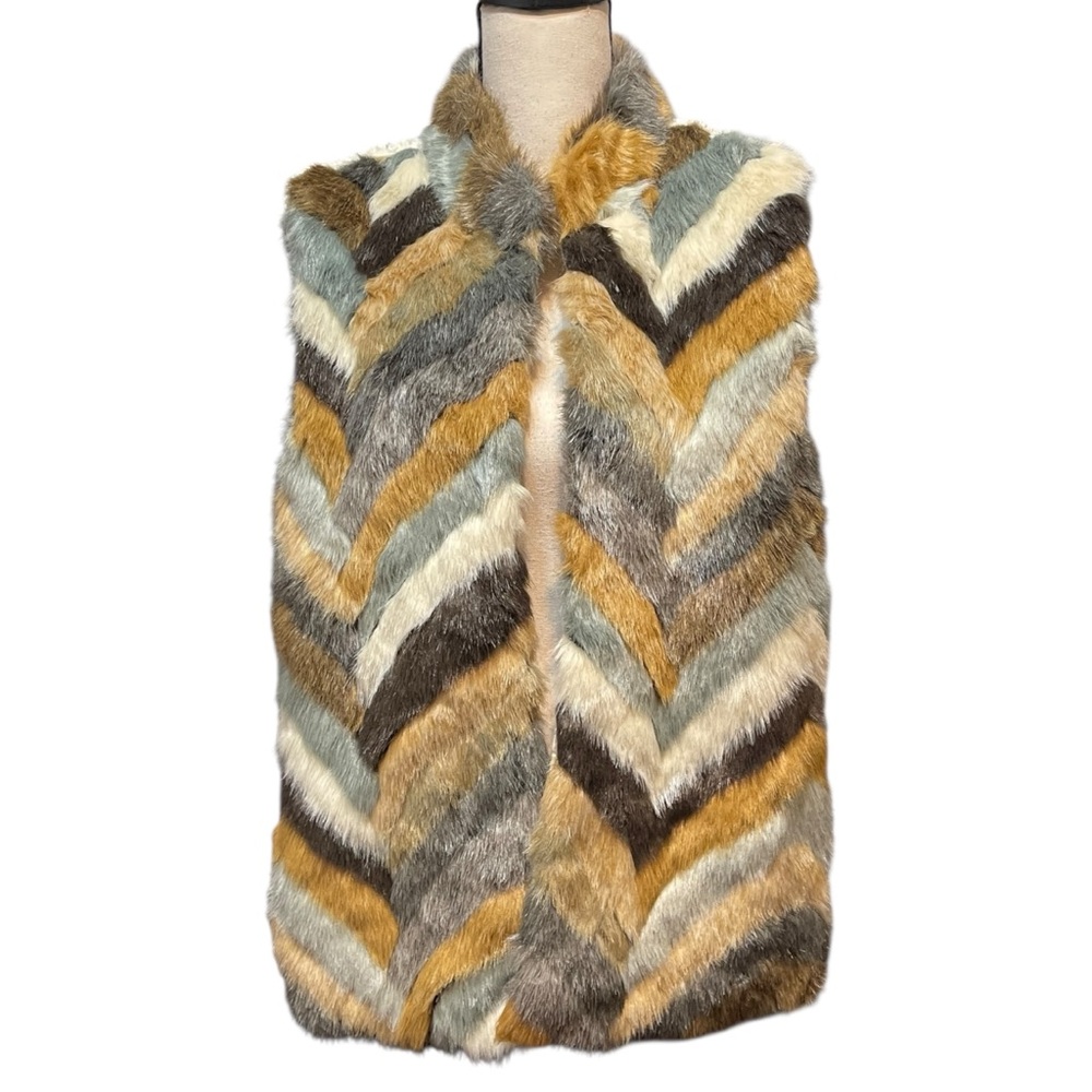 Umgee Teddy Bear Multicolor Faux Fur Stripe Open Front Layering Vest Women's S